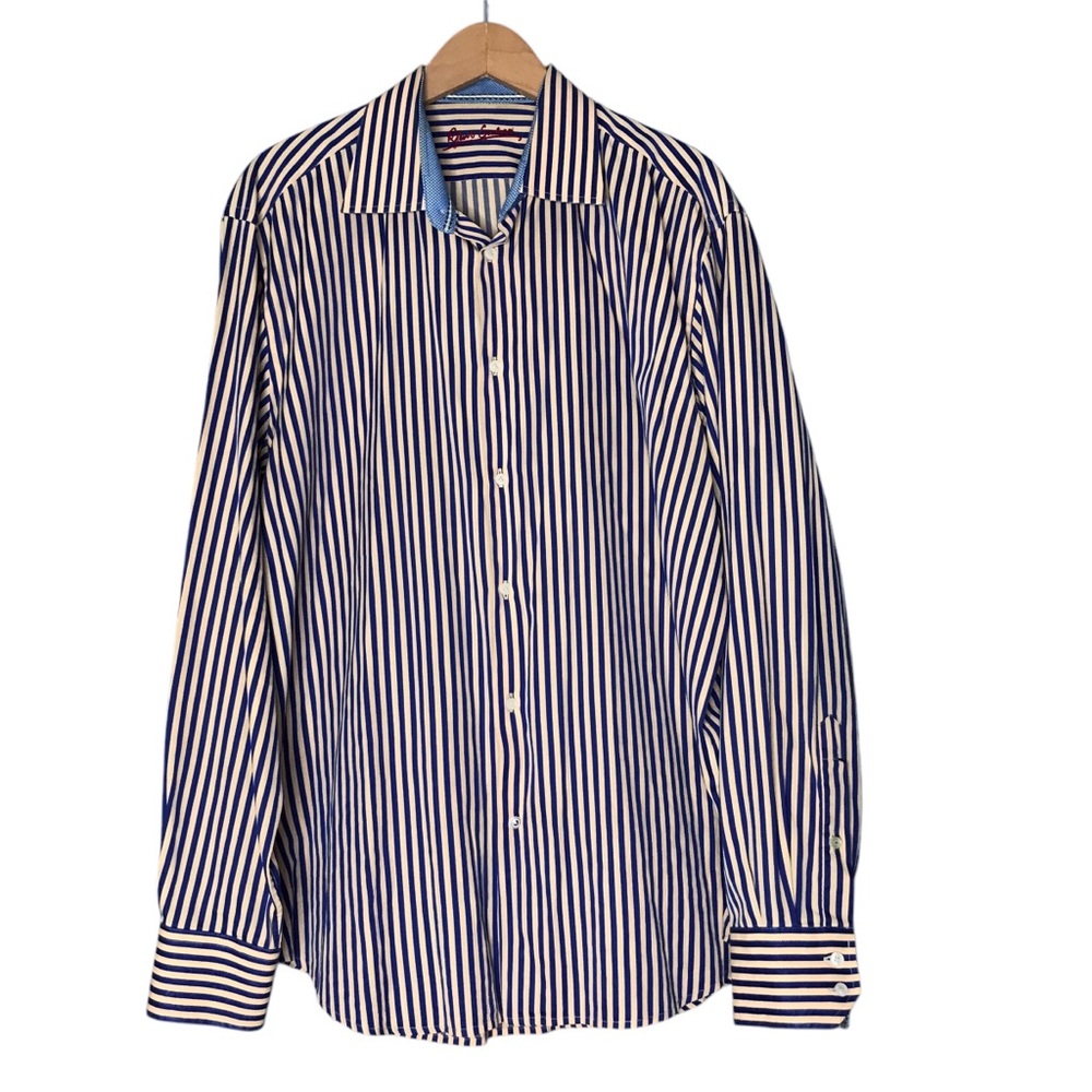 Robert Graham Cotton Stripes Button Front Long Sleeve Shirt Blue Cream Men's XL